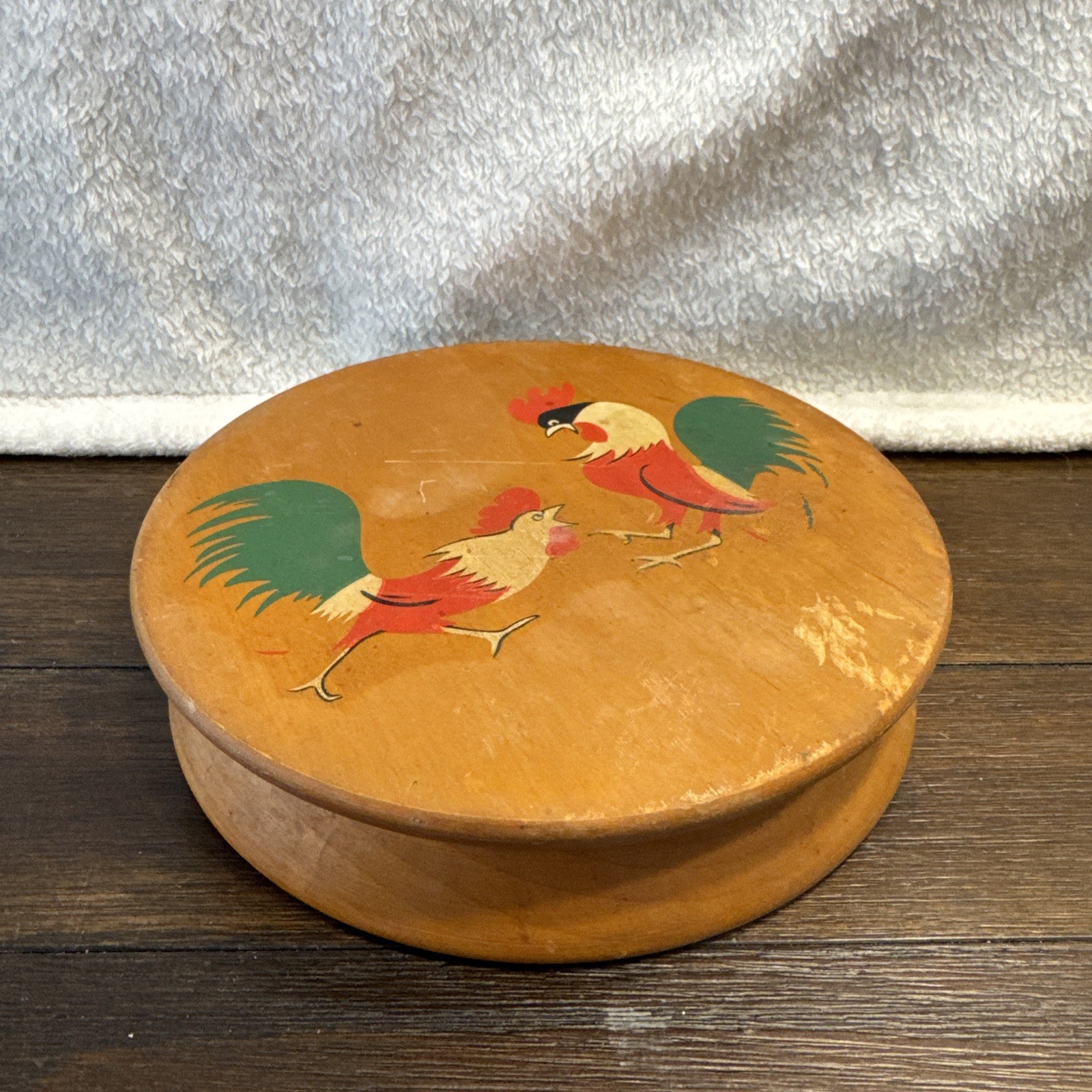 Vintage Wooden Hamburger Patty Press Hand Painted Fighting Roosters gallery