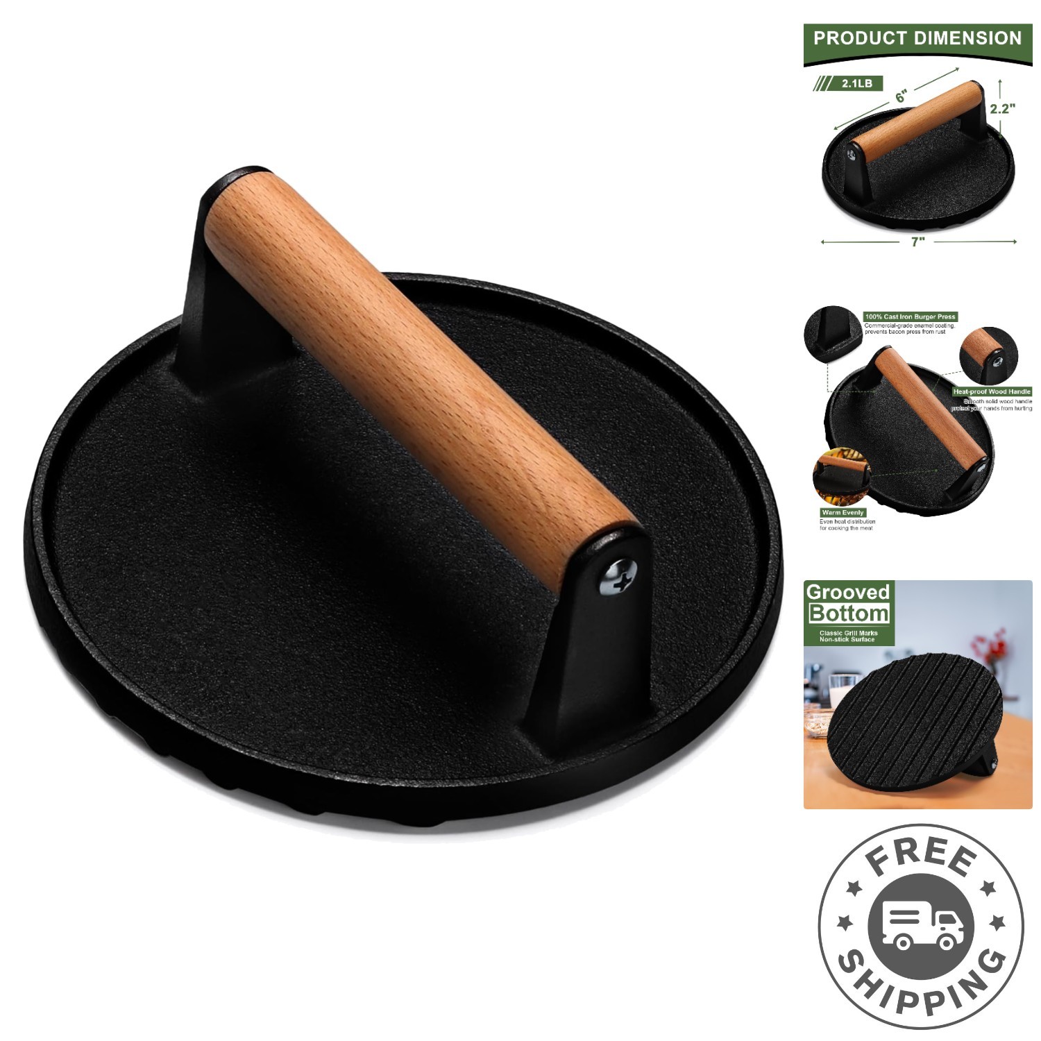Cast Iron Burger Press with Ergonomic Handle for Perfectly Grilled Meats gallery