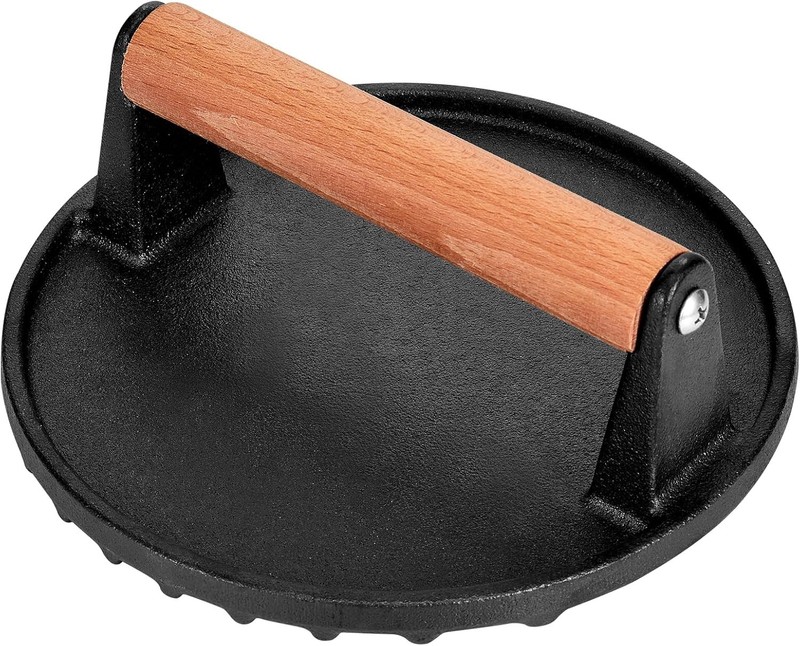 Smashed Burger Press, 7” Round Heavy-Duty Cast Iron Smash Meat Steak with Woo... gallery