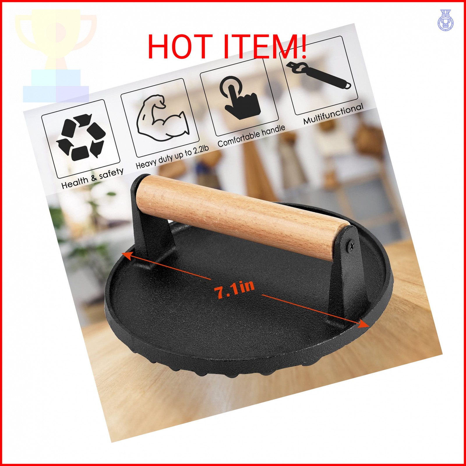 HaSteeL Single Cast Iron Grill Press, Heavy Duty 7In Bacon Burger Press with Woo gallery