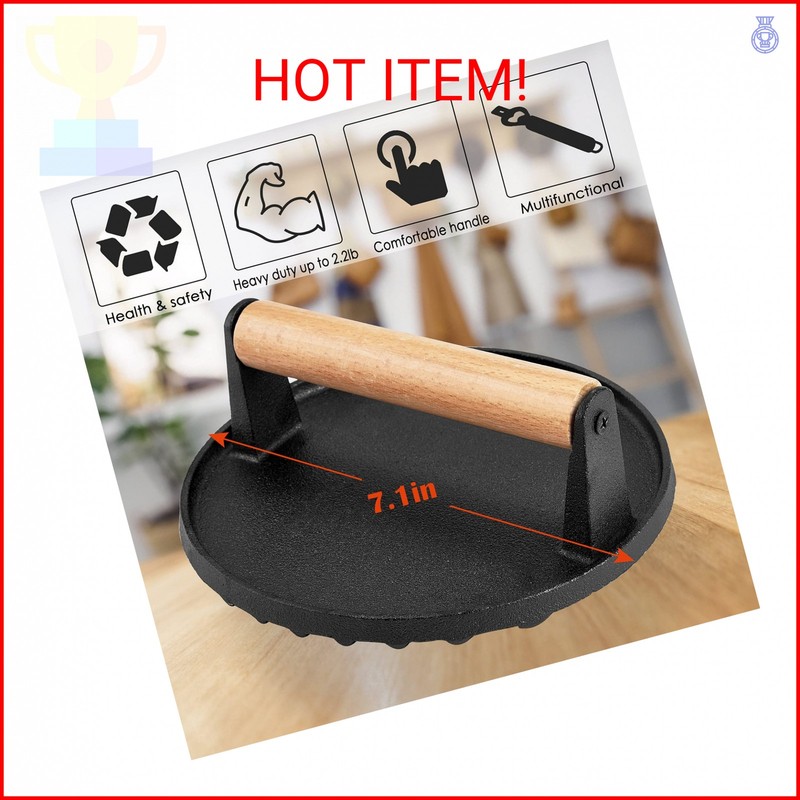 HaSteeL Single Cast Iron Grill Press, Heavy Duty 7In Bacon Burger Press with Woo gallery