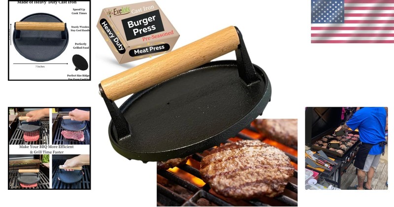 Pre-Seasoned Cast Iron Burger Smasher - Multi-Use Grill Press with Wood Handle gallery