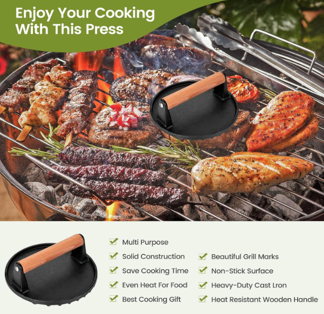 7'' Cast Iron Smashed Burger Press with Wood Handle for Griddle & BBQ gallery