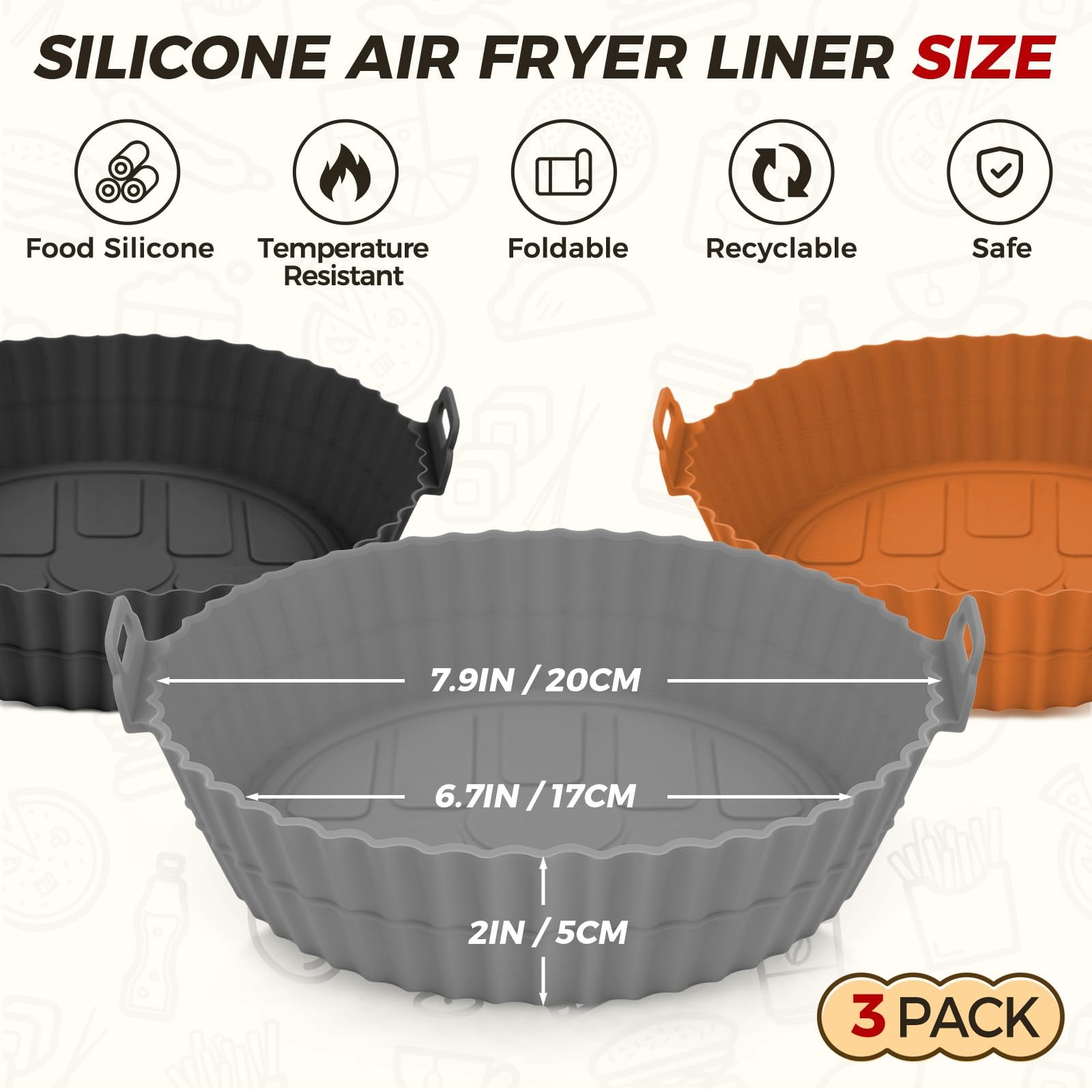 Buauty 3 Pack Air Fryer 7.9*7.9*2 inch, 8" Round 3 Pack: Black+Grey+Brown gallery