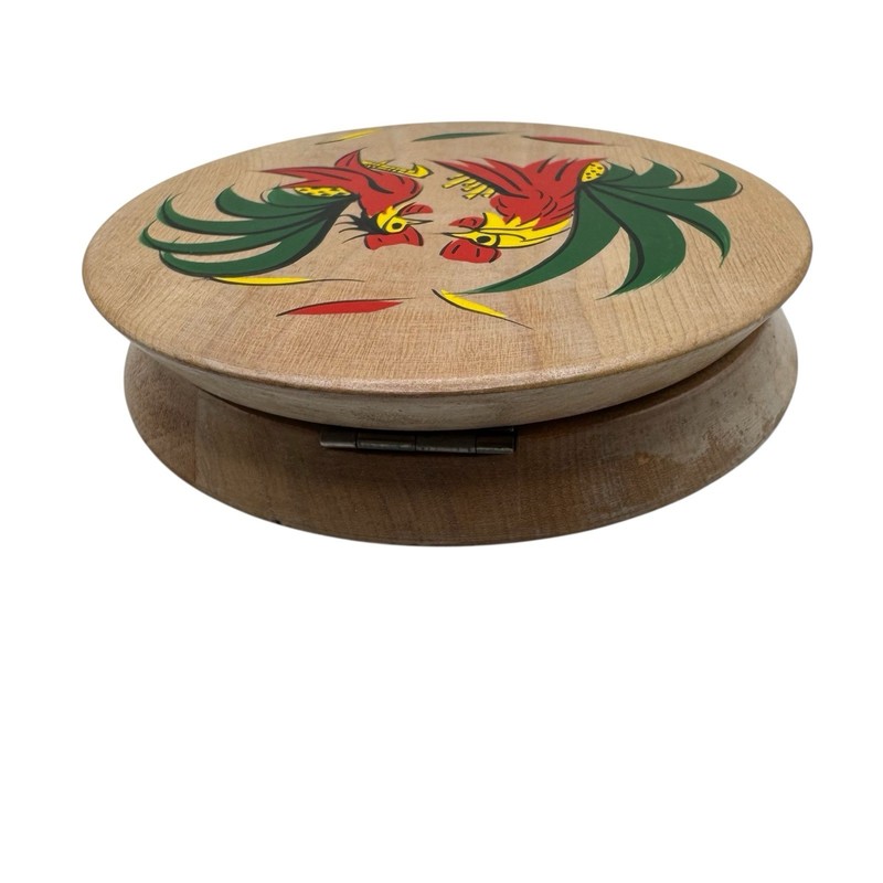 Vintage Fighting Roosters Hamburger Press Wood Hinged MCM Folk Art Kitchen Decor gallery