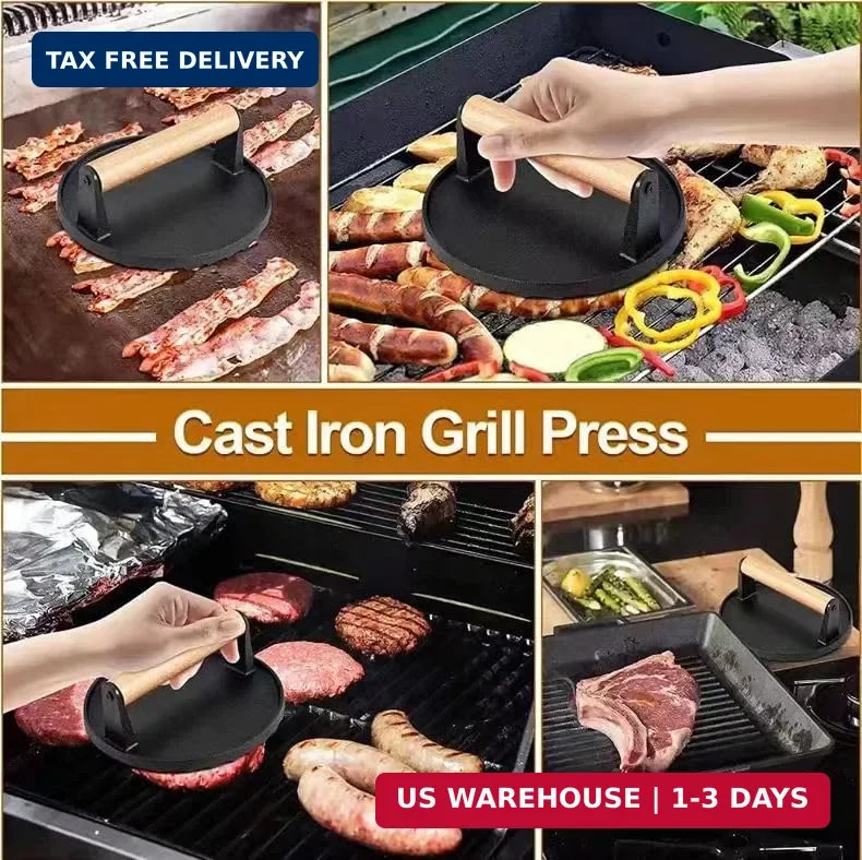 Kitchen Tools 5.7"Cast Iron Smashed Burger Press, Round Flat Edge Grill Press fo gallery