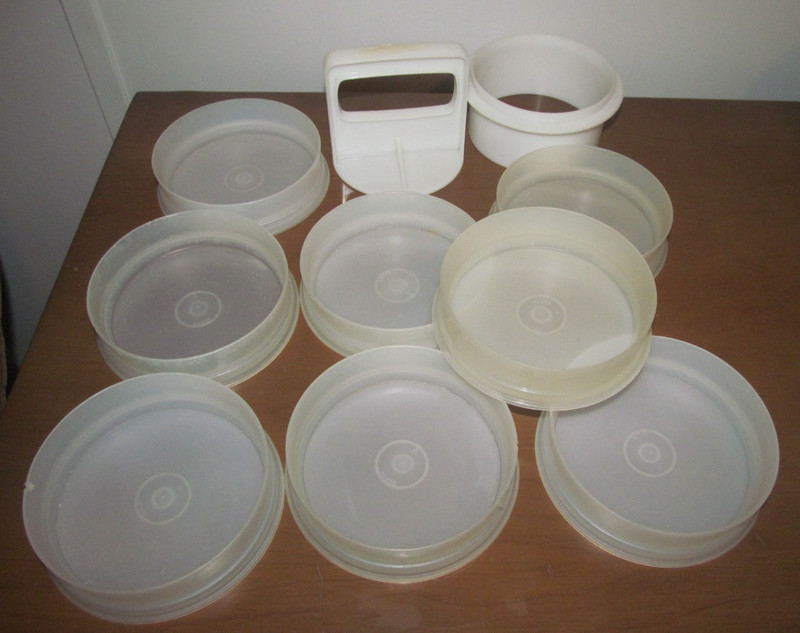 Vintage Tupperware Hamburger Press and 8 Freezer Patty Keepers gallery