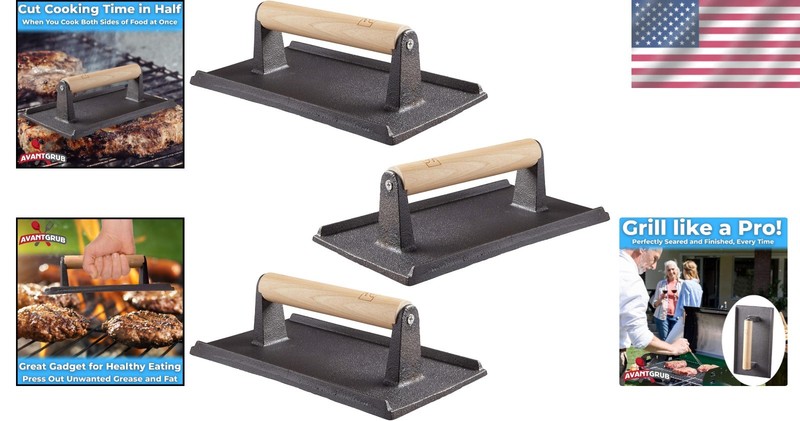 Pro Grade 3Pk Cast Iron Steak Press, Heavy Duty, Wooden Handle, Grill Gadget gallery