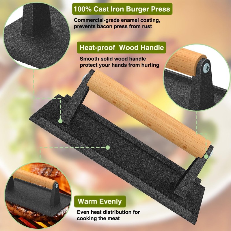 Burger Press 7"Round & 8.2"X4.3"Rectangle Heavy-Duty Cast Iron Smash Bacon Meat gallery