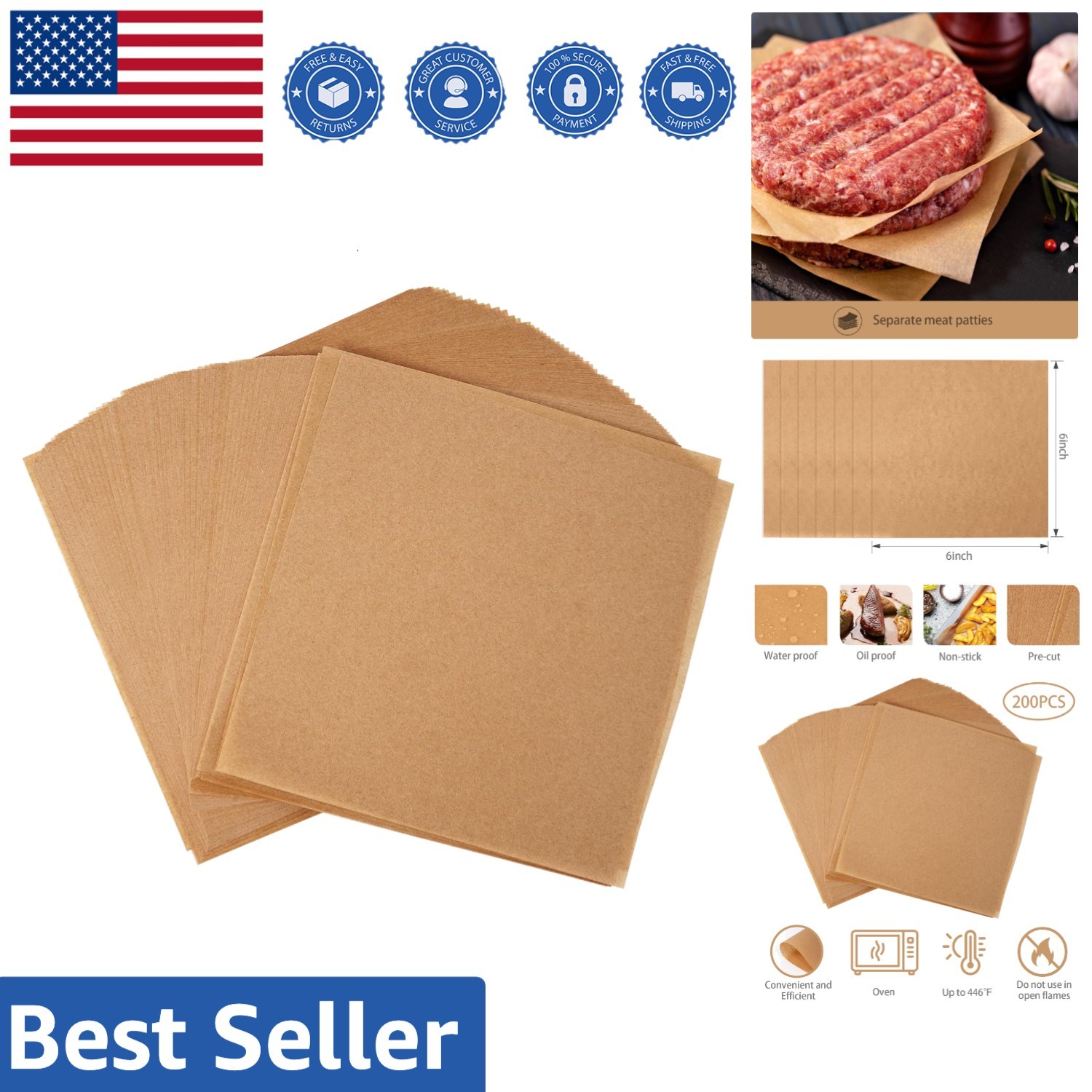 200 Count 6x6 Inch Unbleached Hamburger Patty Paper - Non-Stick Parchment Sheets gallery