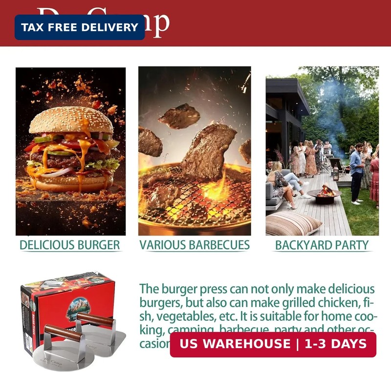 Dr.Camp 2 Pack Stainless Steel Burger Press with Real Wood Handle 7 Inch Smash B gallery