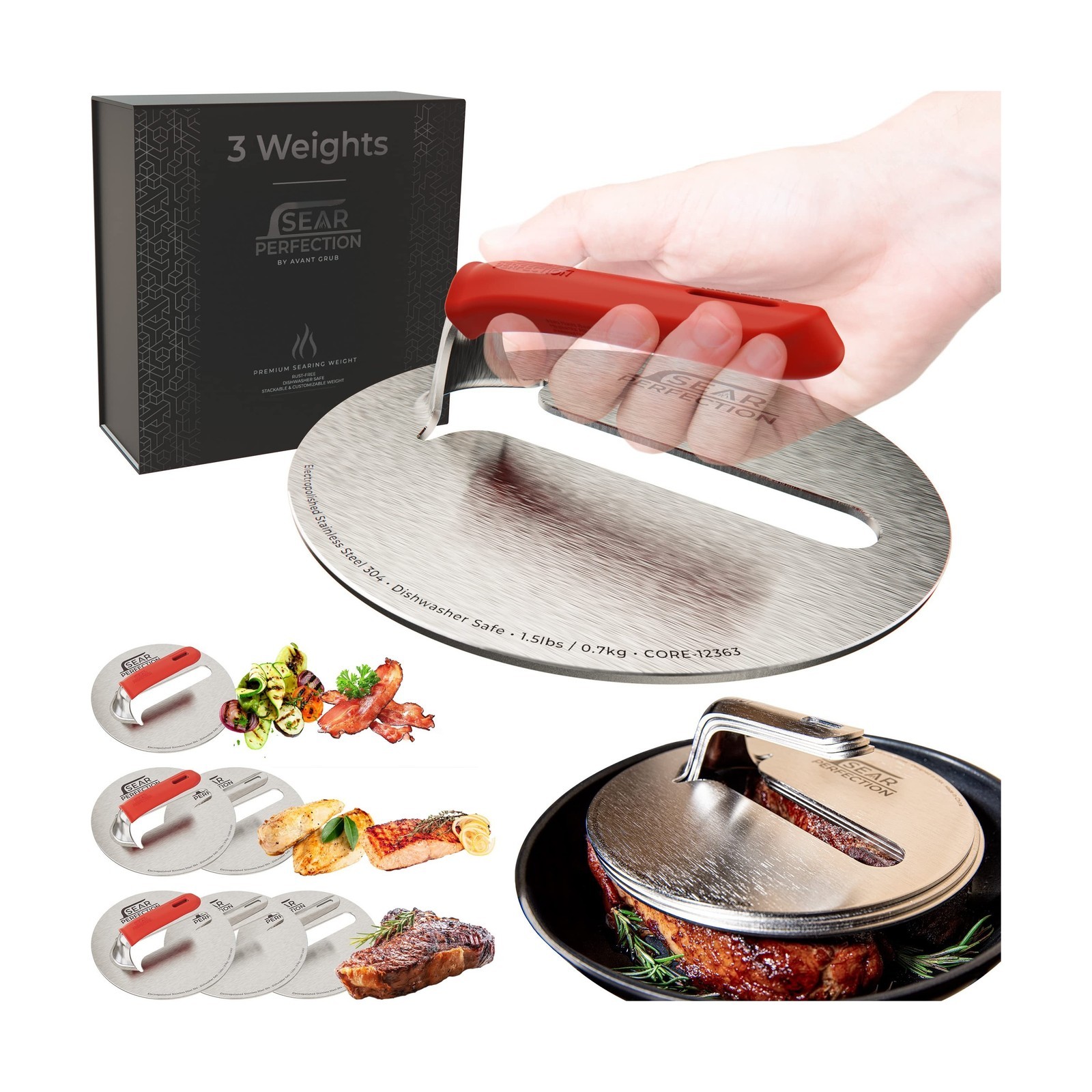 3x Sear Perfection Stackable Steak Weight (4.5lb Total). Chef-Grade Stainless... gallery