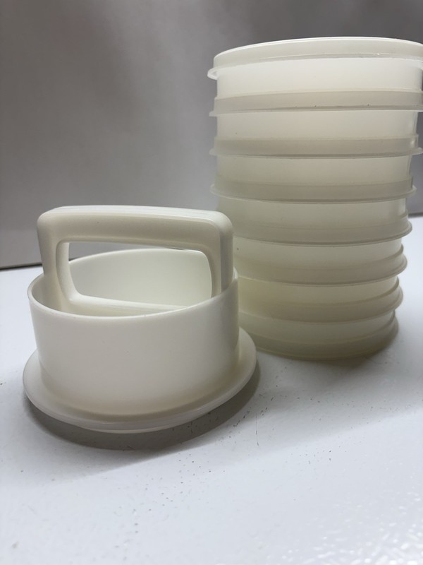 Vintage Tupperware 4" Hamburger Patty Press / Ring & 7 Freezer Keepers w/ Lid gallery