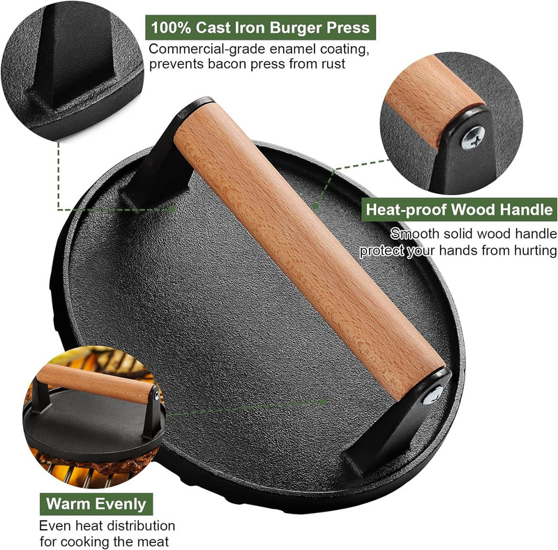 Heavy-Duty 7" Round Cast Iron Smash Bacon Burger Press Wood Handle Grilling gallery