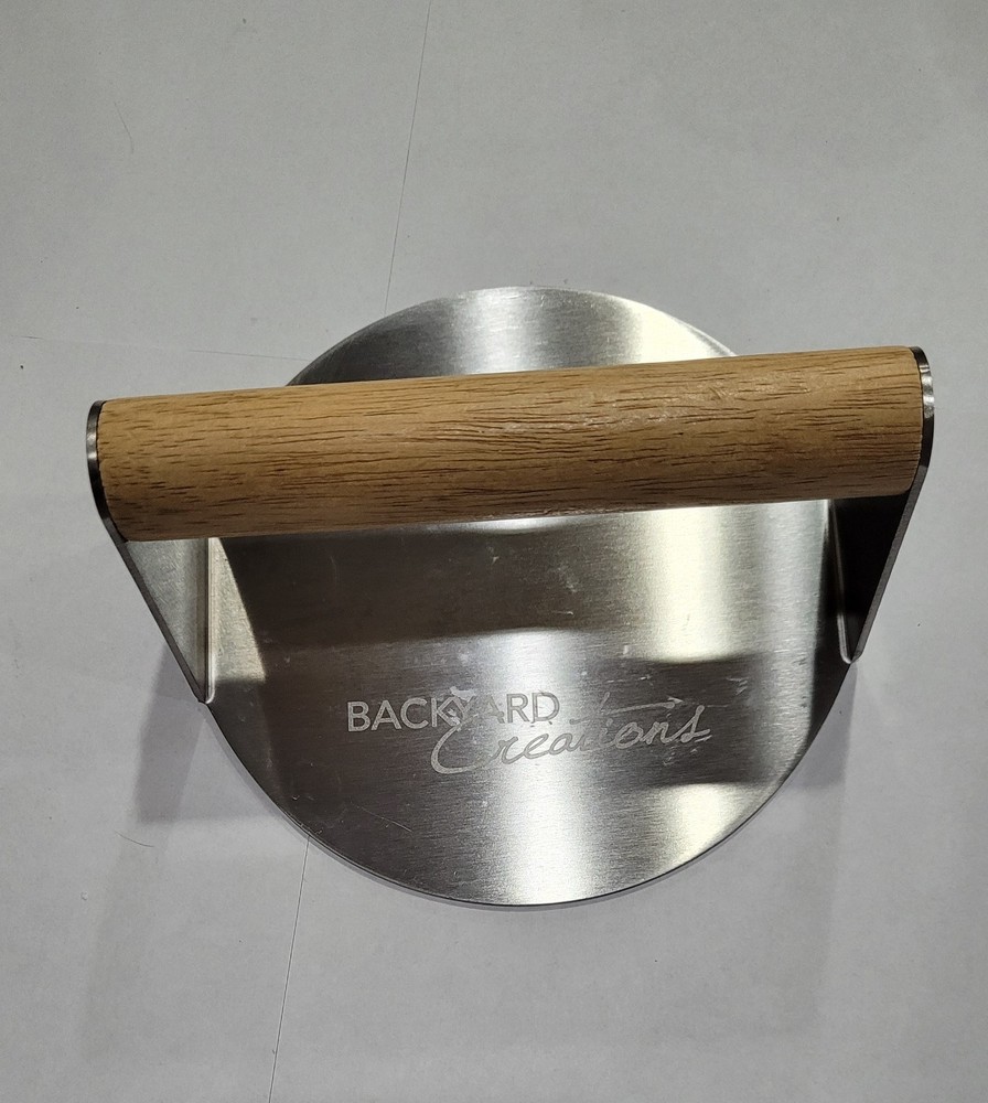 Backyard Creations Grill Press 6-inch, Wood Handle Round Burgers Bacon