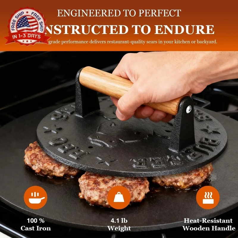 Cast Iron Burger Press 4.1lb Heavy-Duty Round 8.7 Inch with Beechwood Handle for gallery