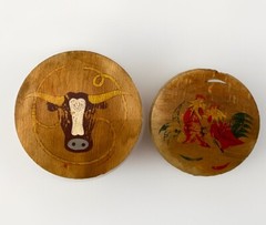 Fred Roberts Co Wood Hinged Hamburger Press Steer Longhorn And Rooster Vintage