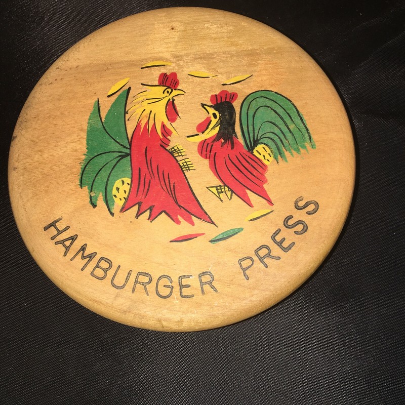 Wood Hinged Hamburger Press Hand Painted Fighting Roosters Vintage Japan 1950s gallery