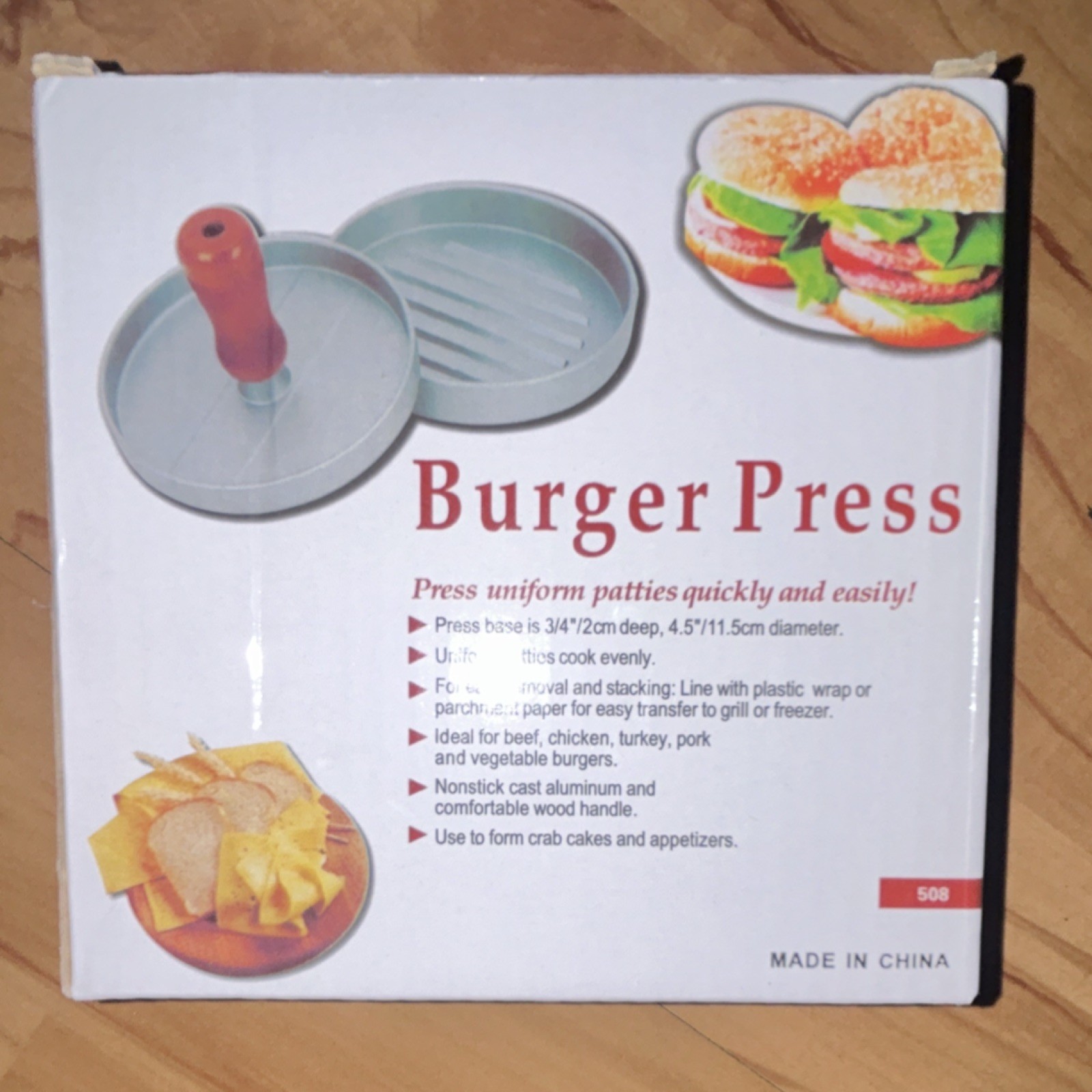 Non-Stick Cast Aluminum Burger Press, Wood Handle, 4.5in, Model 508 gallery