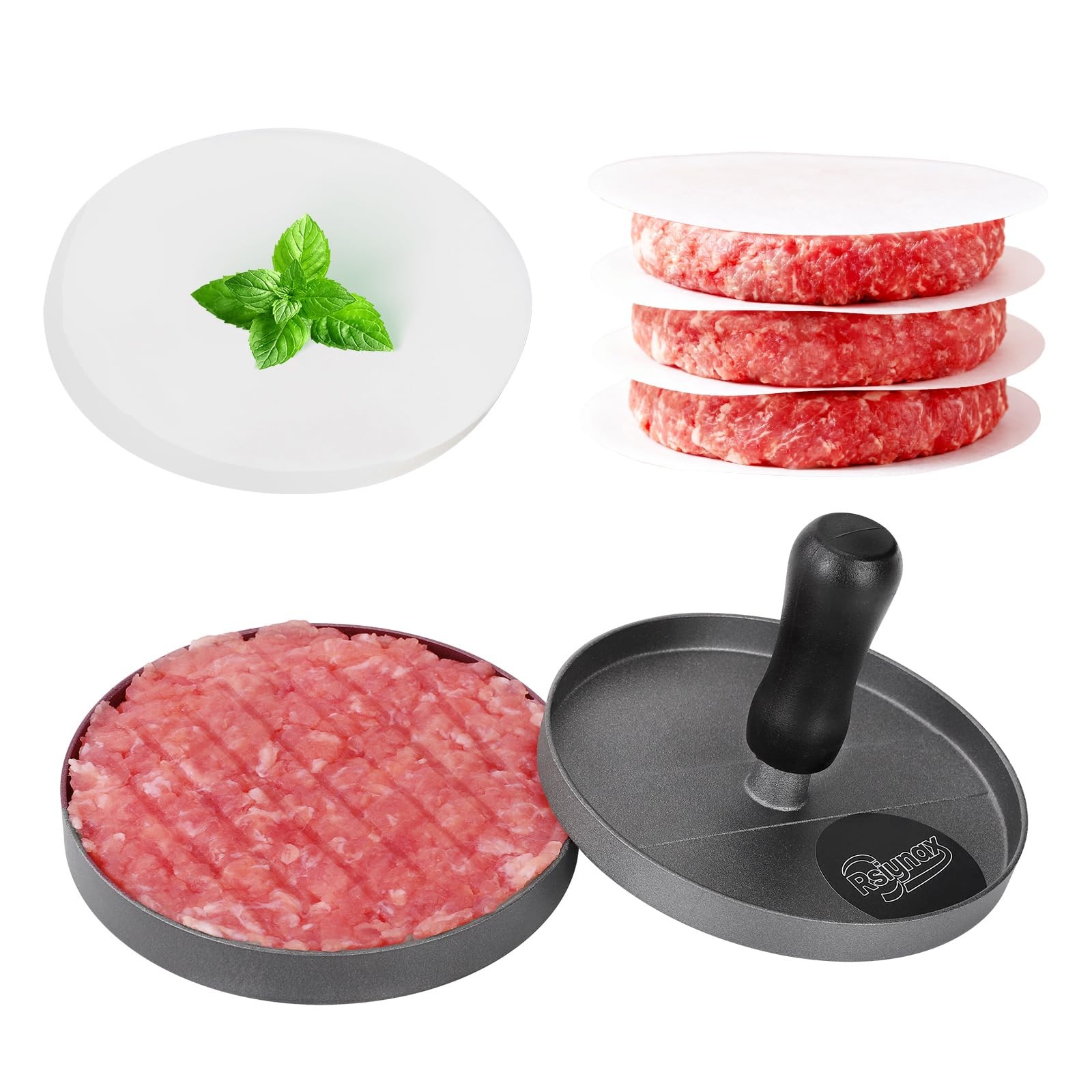 Burger Press with 100 Patty Papers Non-Stick Aluminum Hamburger Mold for Kitchen gallery