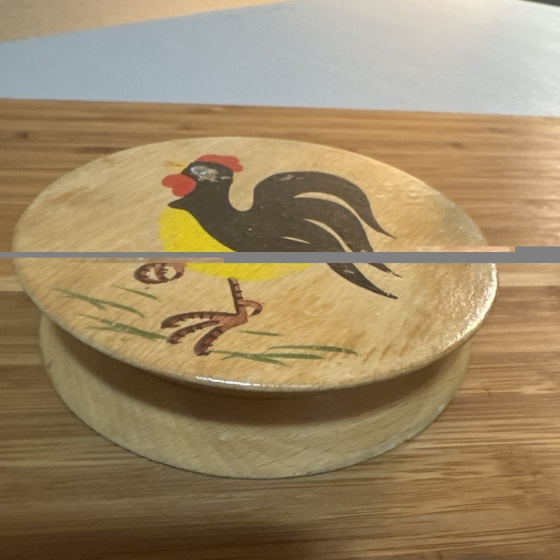 Vintage MCM Hamburger Press Wood Painted Rooster Good Condition 4” Diameter gallery