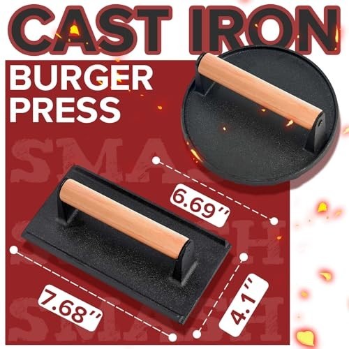 5pcs Burger Press Kit - 3-in-1 Patty Maker, Cast Iron Round & Rectangle, 100 Wax gallery
