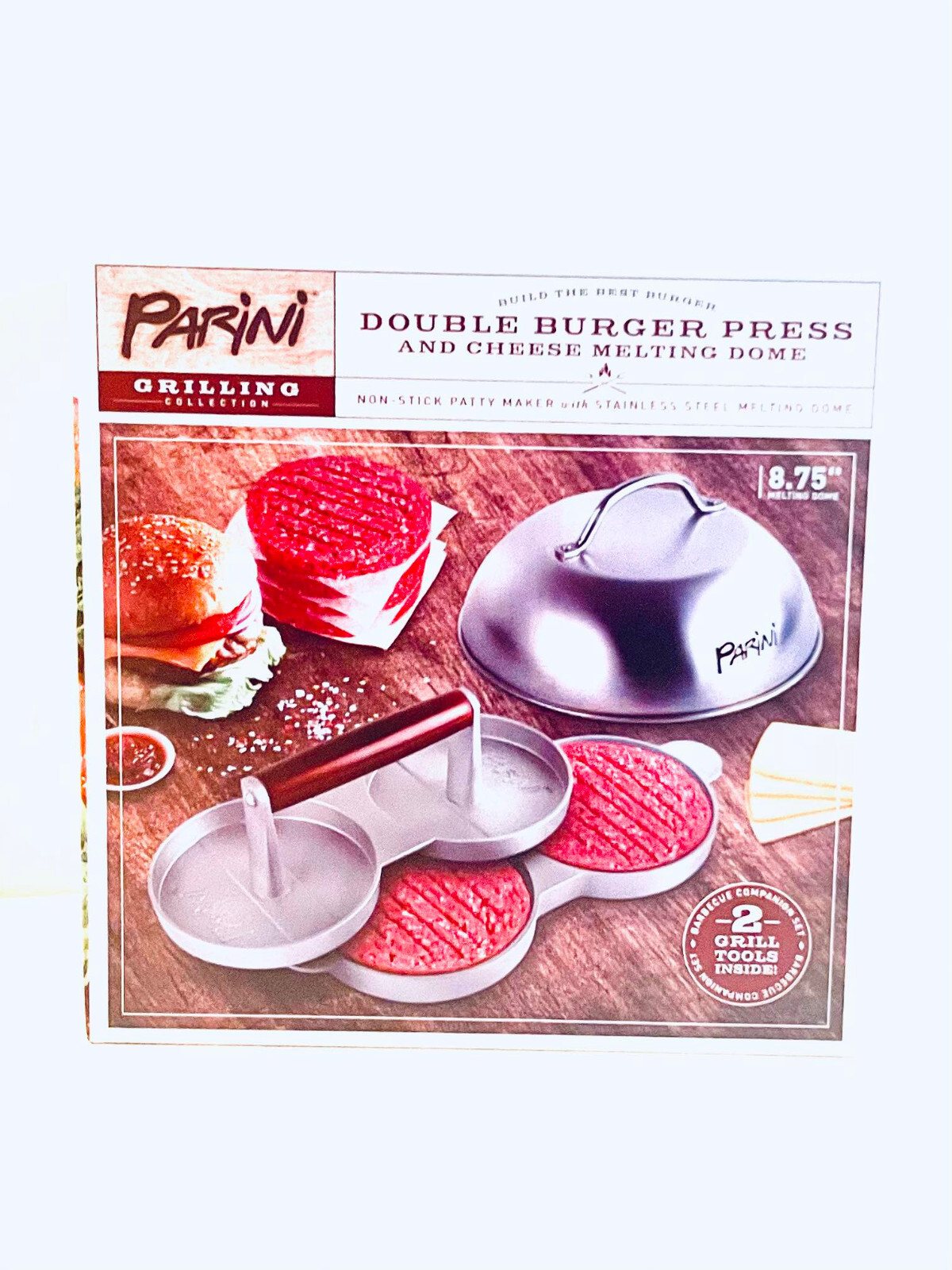 Parini Double Non-Stick Burger Press + Steel Cheese Melting Dome 8.75" - NIB gallery