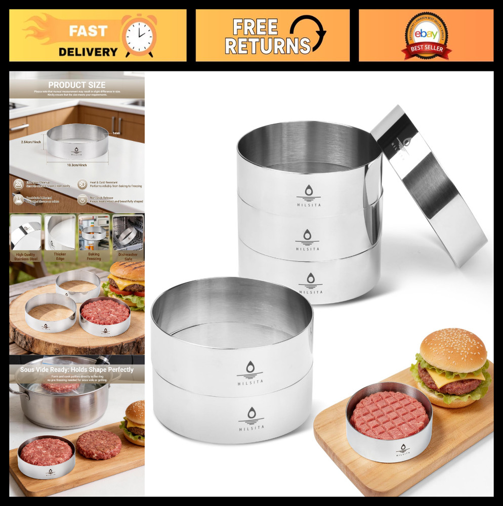 6 Pcs Stainless Steel Burger Mold Set, 4" Cooking Rings for Sous Vide & Baking