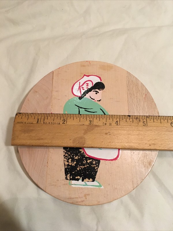 Vintage Wooden Hamburger Patty Press Hinged Lid Hand Painted Chef on front gallery