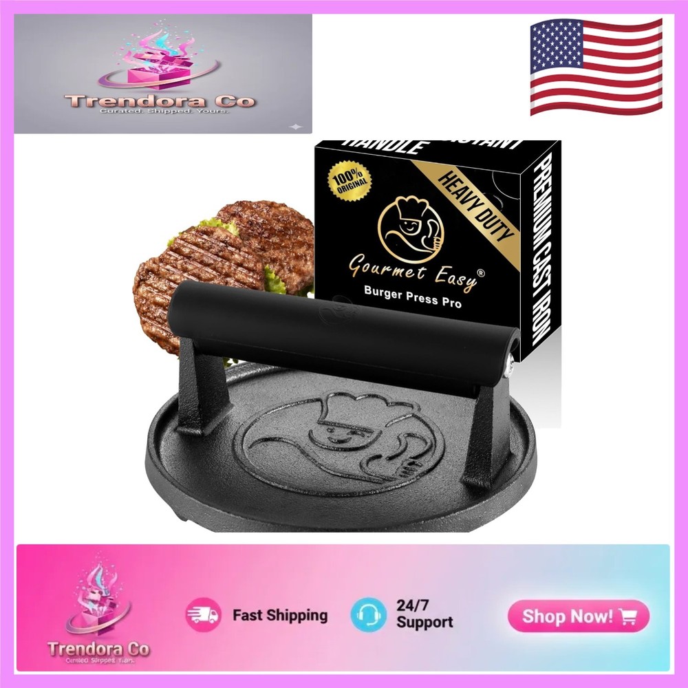 Easy-Clean 2 lb Cast Iron Burger Smasher with Giftable Packaging for BBQ Lovers