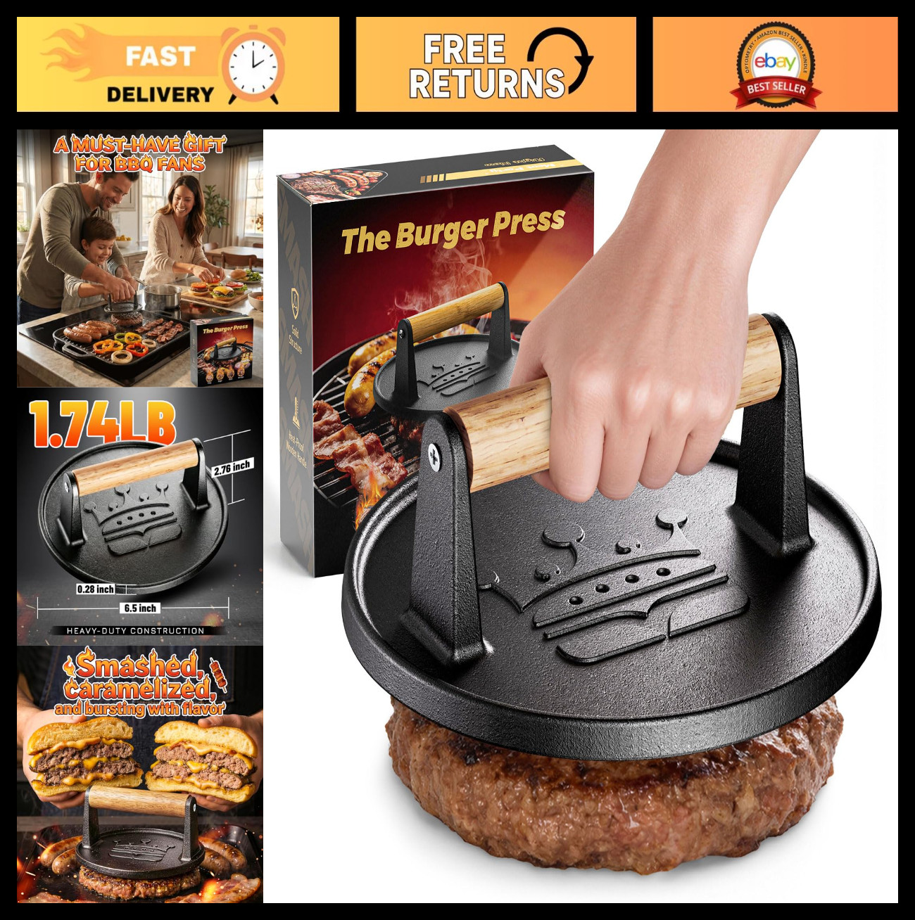 6.5” Cast Iron Burger Press - Flat Round Grill Meat Smasher with Wood Handle, No gallery