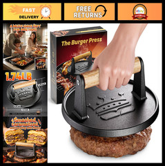 6.5” Cast Iron Burger Press – Flat Round Grill Meat Smasher with Wood Handle, No