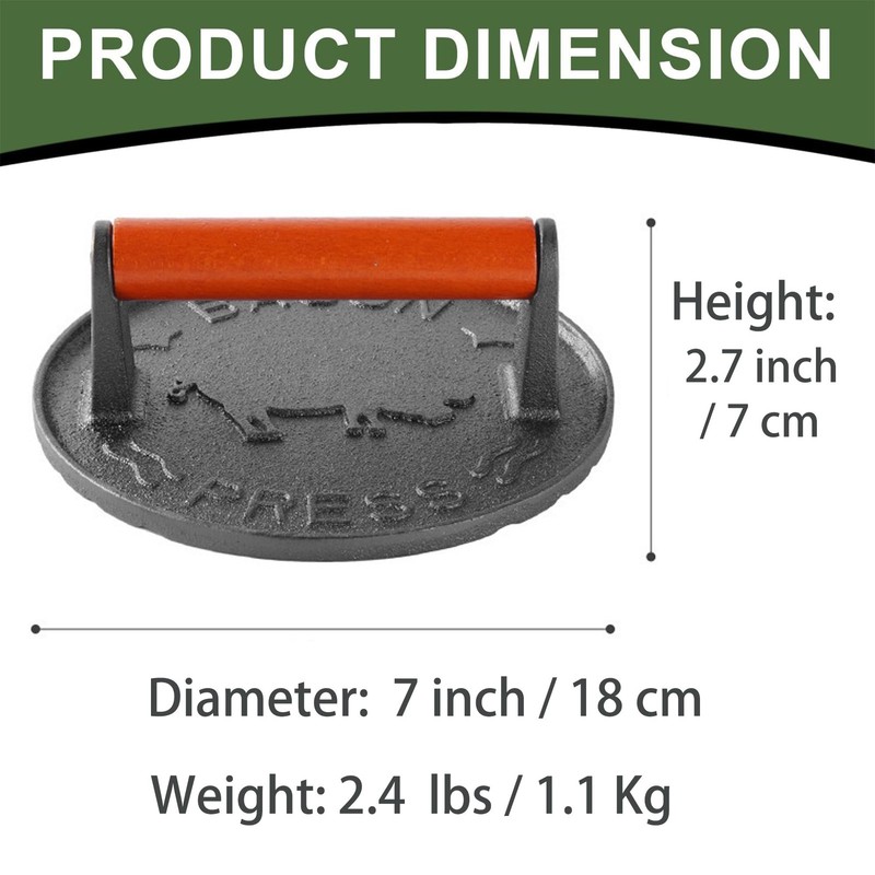 Burger Press,Heavy Duty Cast Iron Grill Bacon Press,7.2 inch Round gallery