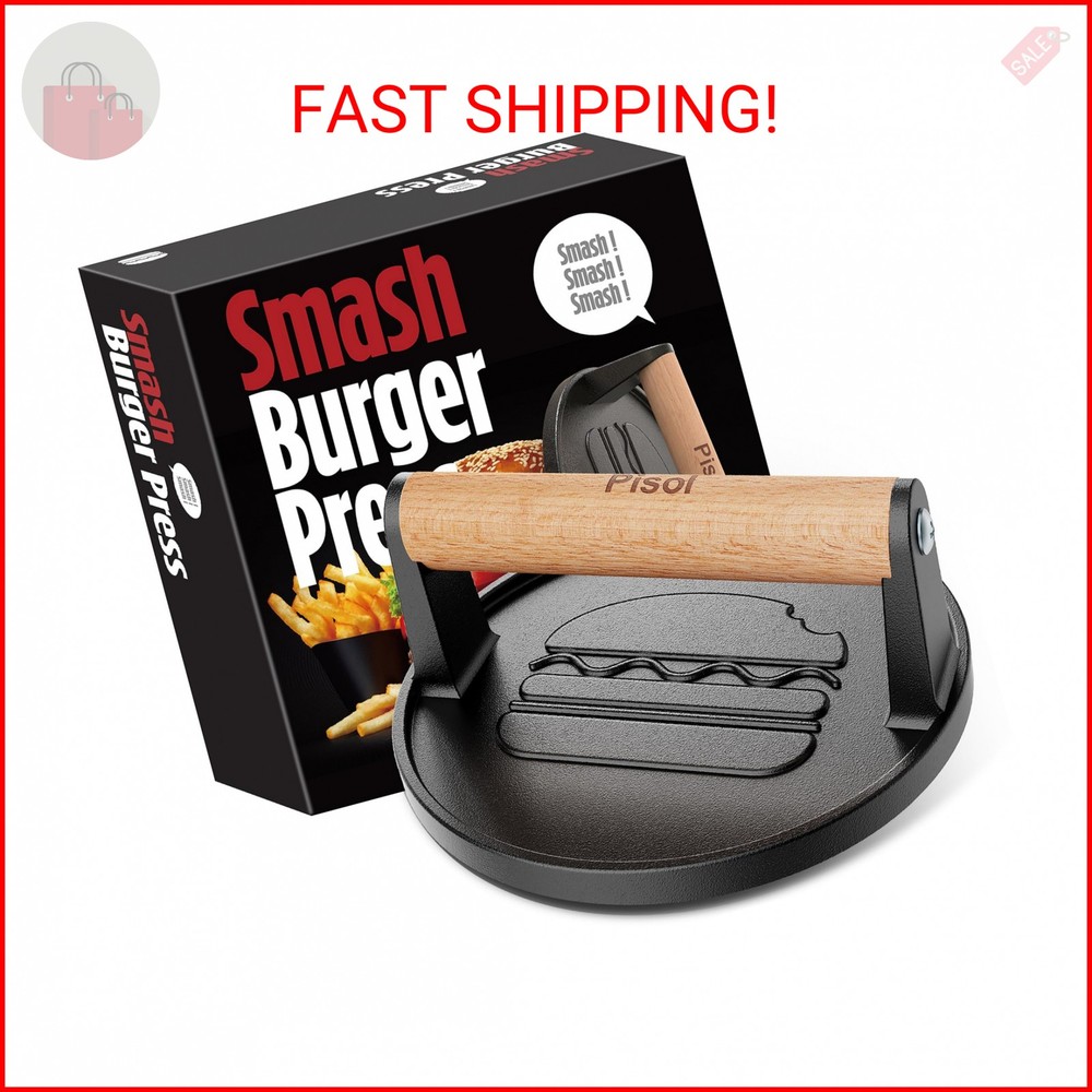 Pisol Smash Burger Press, Pre-Seasoned Cast Iron Hamburger Smasher, 2 lb Heavy-D