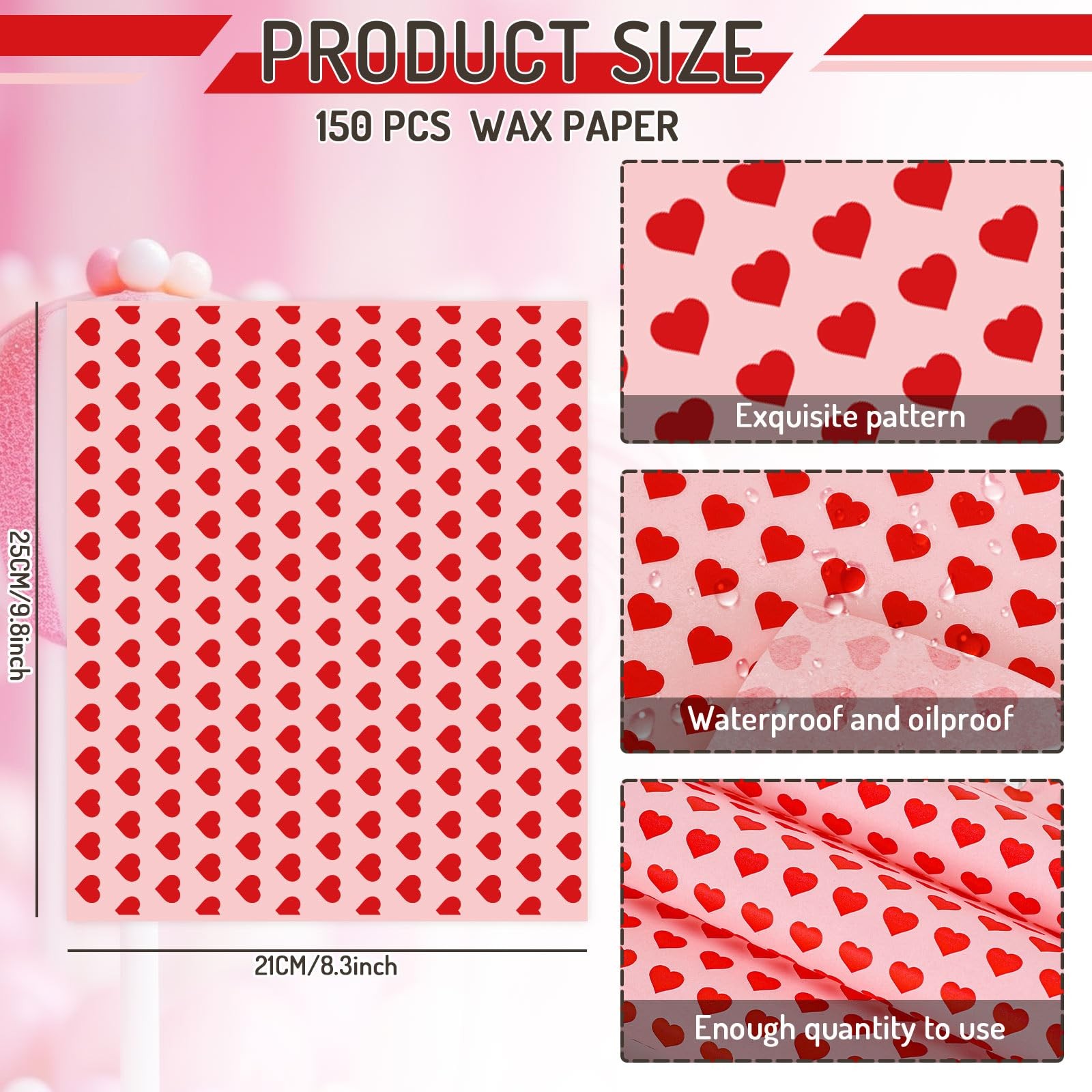 150 Sheet Valentine's Day Heart Wax Paper Pink Red Love Food Wrapping Tissue Pap gallery