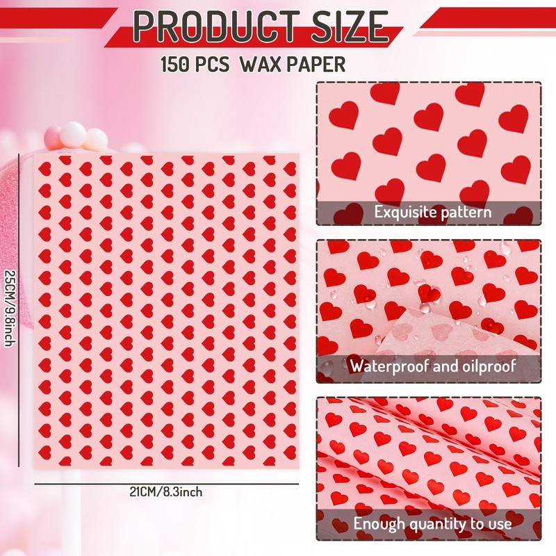 150 Sheet Valentine's Day Heart Wax Paper Pink Red Love Food Wrapping Tissue Pap gallery