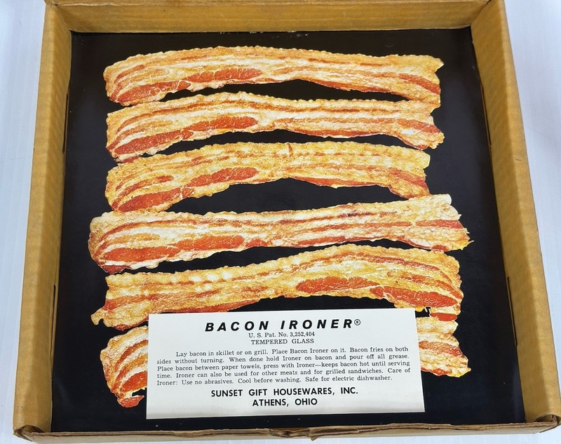 Vintage Bacon Ironer 9" Square Tempered Glass Sunset Specialty Co USA Press NIB gallery