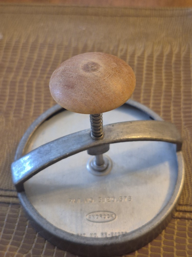 Vintage Androck Hamburger Patty Press — Wood Handle, 1950s Patent No. 24355