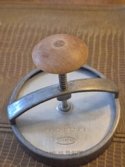 Vintage Androck Hamburger Patty Press — Wood Handle, 1950s Patent No. 24355