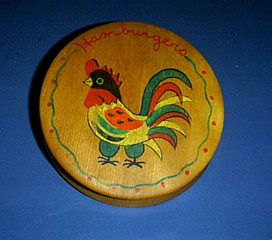 Country Farmhouse - Vintage painted ROOSTER on Hinged Wood 4" Hamburger Press gallery