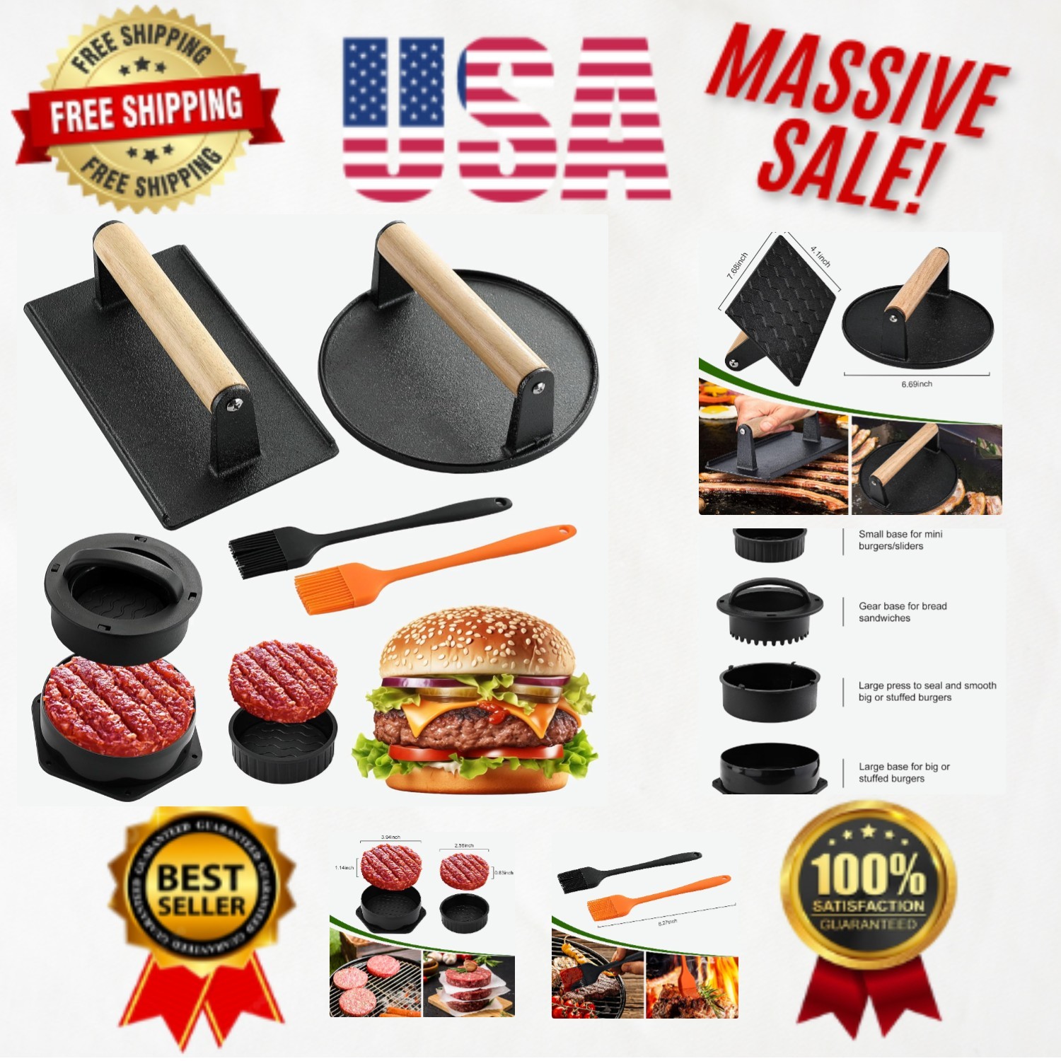 5PCS Smash Burger Press Kit - 4-in-1 Mold with Cast Iron & Brushes Included gallery