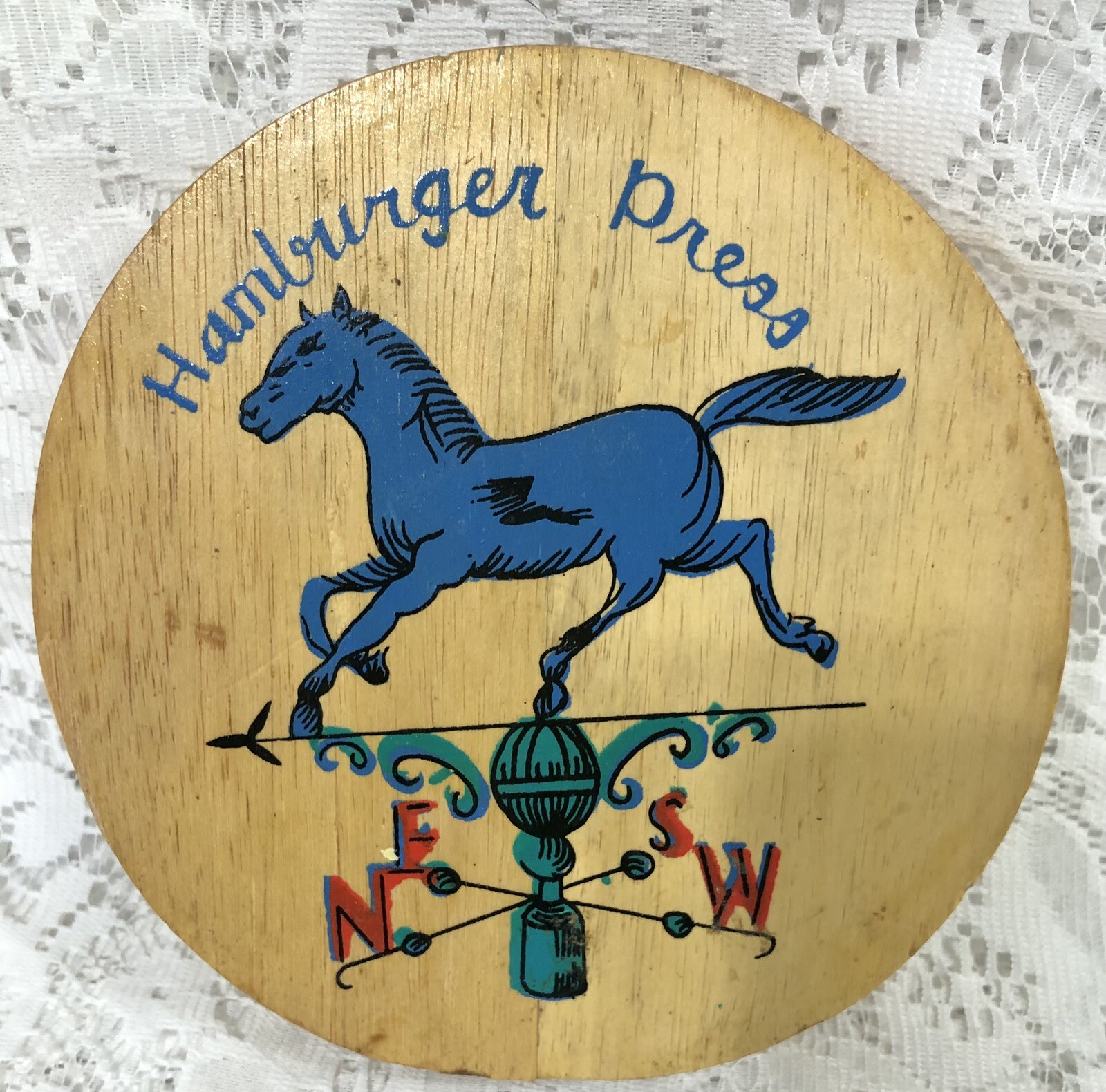 Vintage Wooden Hamburger Press Hand Painted Blue Horse Weather Vane Multi Color gallery