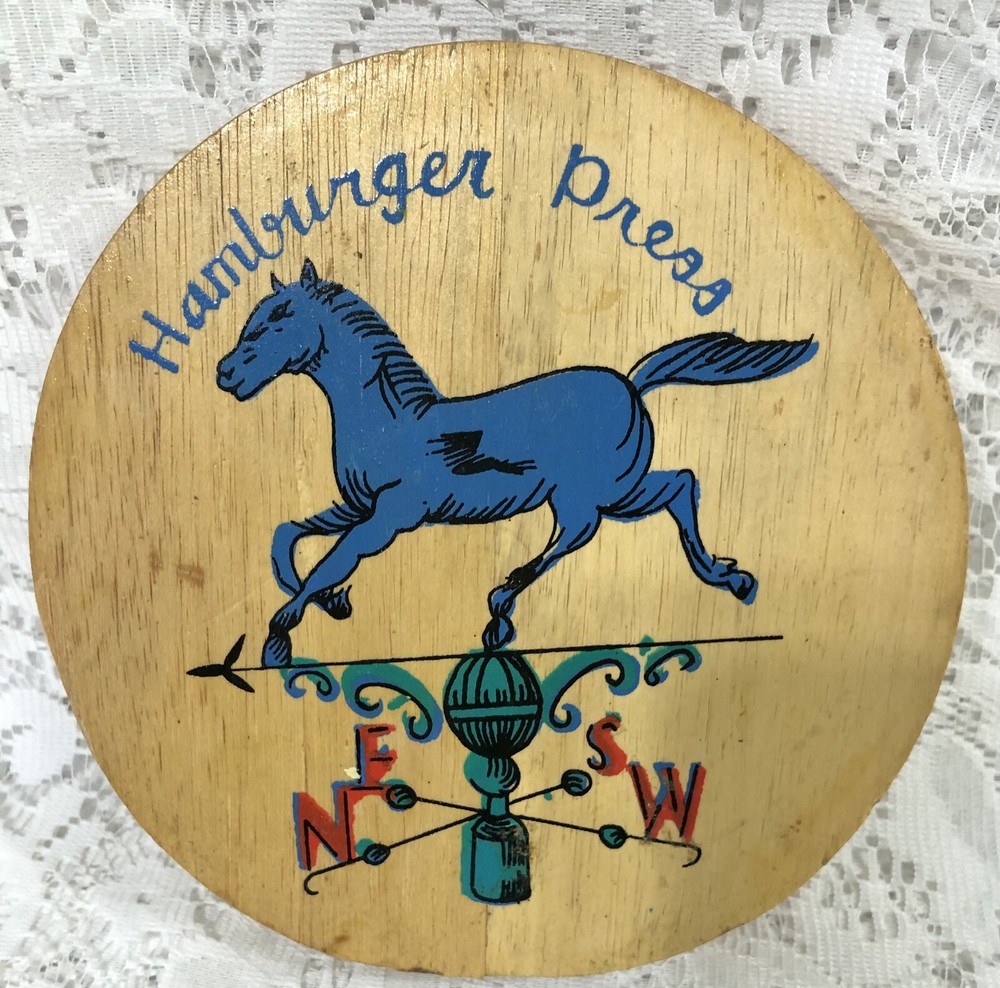 Vintage Wooden Hamburger Press Hand Painted Blue Horse Weather Vane Multi Color