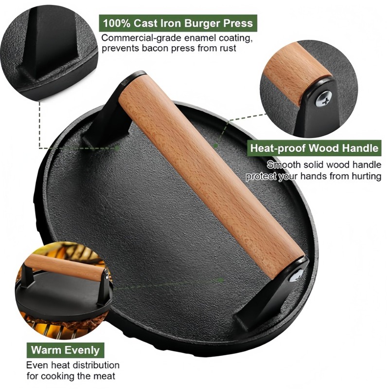 Cast Iron Grill Press with Ribbed Base, 2LB 7 Inch 7" x 6" x 2.2", Black gallery
