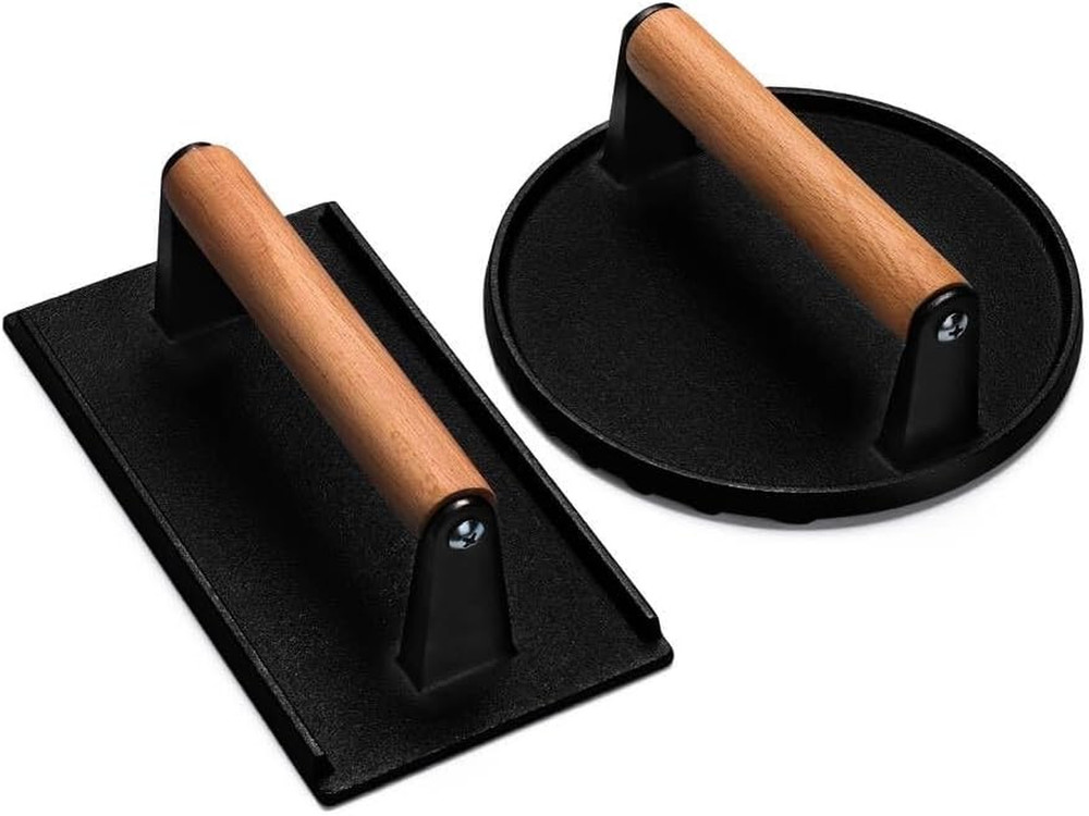 Burger Press, 7" round & 8.2"X4.3" Rectangle Heavy-Duty Cast Iron Smash Bacon Pr