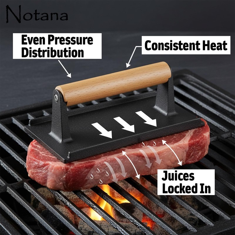 Heavy Duty Cast Iron Steak Weight Grill Press Wooden Handle 8x4 Inch gallery
