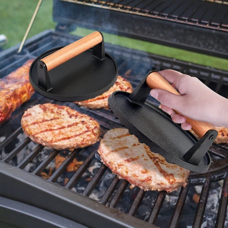 3pcs Grill Press 7 Inch Round Heavy Duty Cast Iron Burger Press With Wood Handle gallery