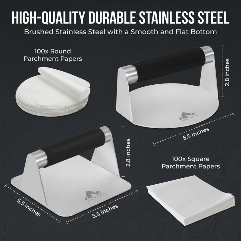 Stainless Steel Burger Press 5.5 Inch Round Square Masher Silicone 100 Papers gallery