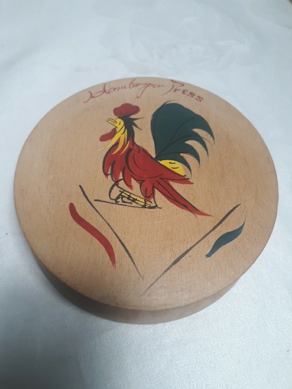 MCM Wooden Hamburger Press Rooster Japan - Excellent Condition. gallery
