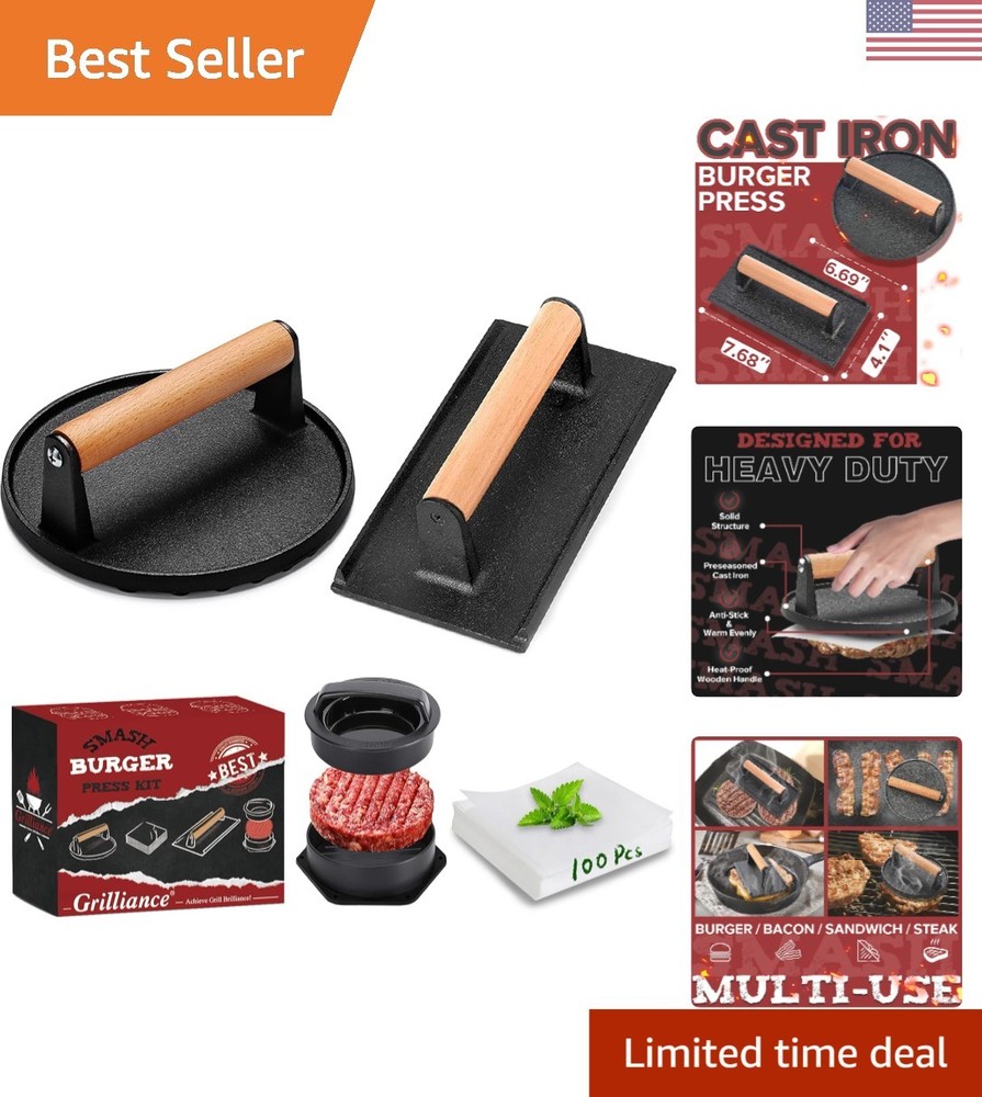 Durable Cast Iron Burger Press Kit - Achieve Juicy, Crispy Burgers Every Time